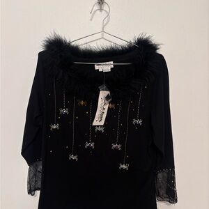 Chic Black Women's Blouse with Fur Trim
